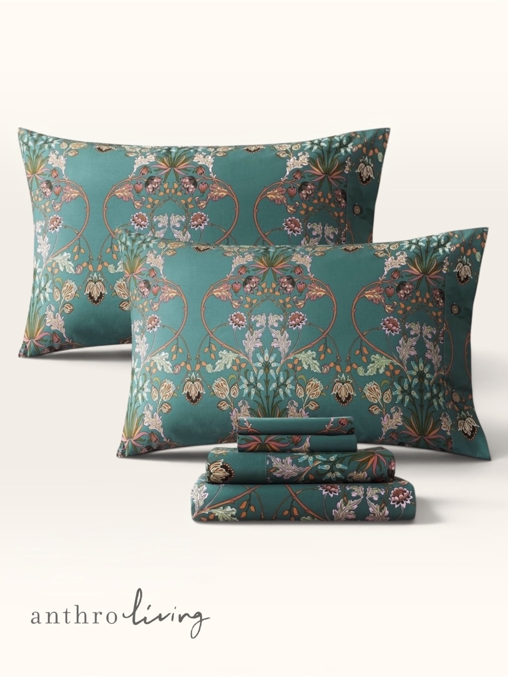 NEW Anthropologie Teal & Orange Floral Boho Cotton Multi-Size 4 Piece Sheet Set